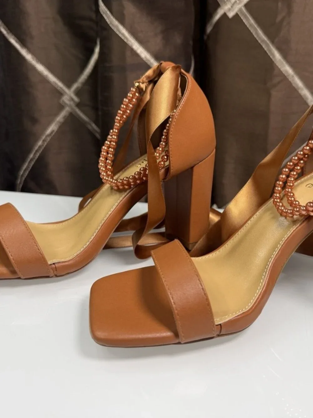 Dixkape Brown Pearl Embellished Satin Tie Block Heel Sandals Size 8